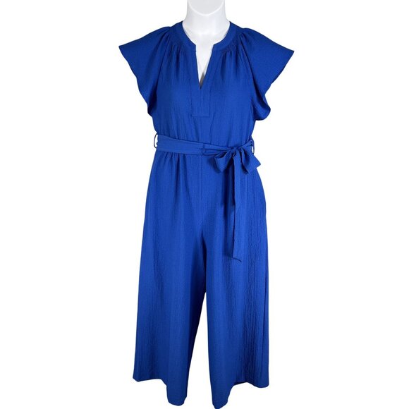 Calvin Klein Womens 8 Blue Tulip Sleeve Belted Crop Jumpsuit Wide Leg Pockets - Picture 1 of 15